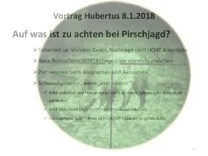 Vortrag Hubertus 8. 1. 2018 Auf was ist zu achten bei Pirschjagd? Ø Sicherheit