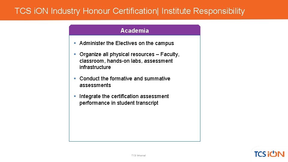 TCS i. ON Industry Honour Certification| Institute Responsibility Academia § Administer the Electives on