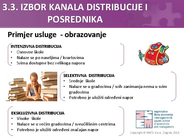 3. 3. IZBOR KANALA DISTRIBUCIJE I POSREDNIKA Primjer usluge - obrazovanje INTENZIVNA DISTRIBUCIJA •