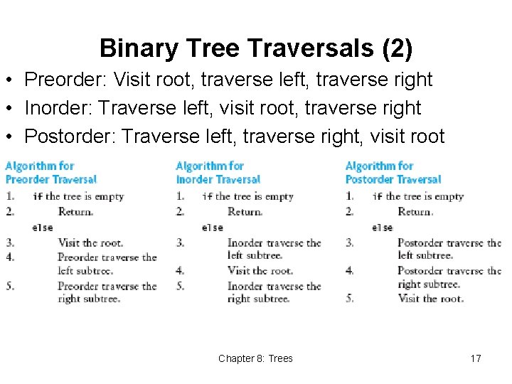 Binary Tree Traversals (2) • Preorder: Visit root, traverse left, traverse right • Inorder: