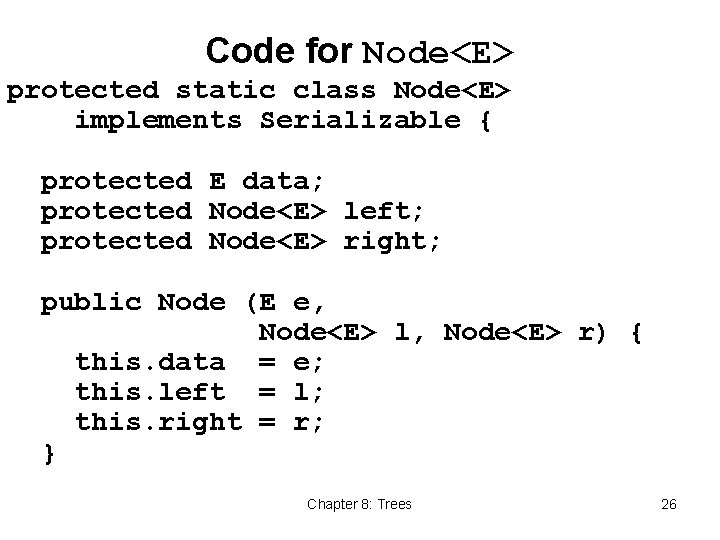 Code for Node<E> protected static class Node<E> implements Serializable { protected E data; protected