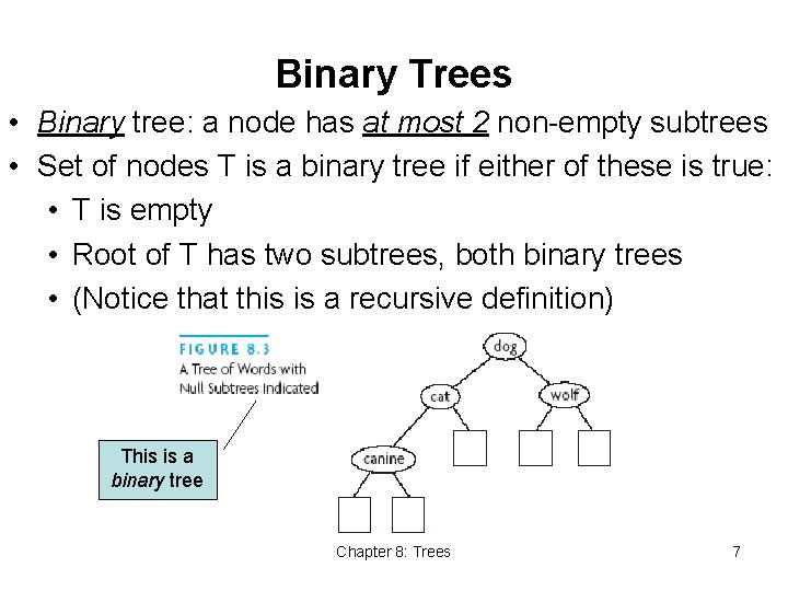 Binary Trees • Binary tree: a node has at most 2 non-empty subtrees •