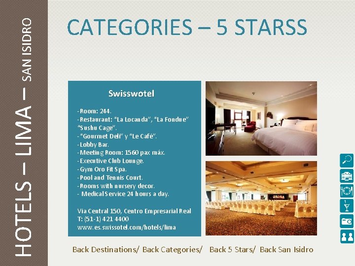 HOTELS – LIMA – SAN ISIDRO CATEGORIES – 5 STARSS Swisswotel -Room: 244. -Restaurant: