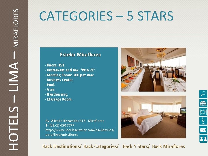 HOTELS – LIMA – MIRAFLORES CATEGORIES – 5 STARS Estelar Miraflores -Room: 151. -Restaurant