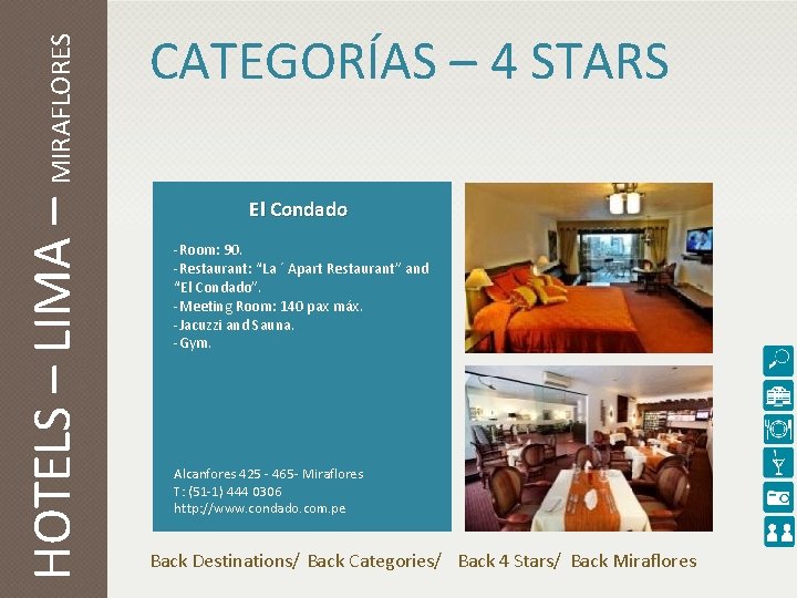 HOTELS – LIMA – MIRAFLORES CATEGORÍAS – 4 STARS El Condado -Room: 90. -Restaurant: