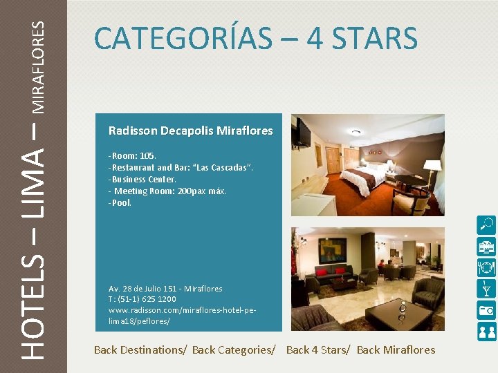 HOTELS – LIMA – MIRAFLORES CATEGORÍAS – 4 STARS Radisson Decapolis Miraflores -Room: 105.