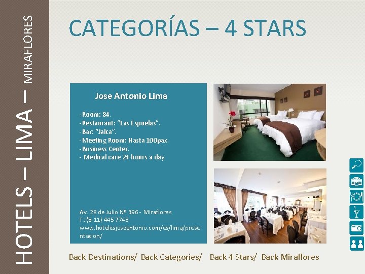 HOTELS – LIMA – MIRAFLORES CATEGORÍAS – 4 STARS Jose Antonio Lima -Room: 84.