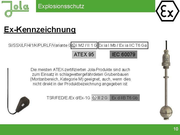 Explosionsschutz Ex-Kennzeichnung SI/SSX/LF/4/1/K/PURLF/Variante 0 I M 2 / II 1 G Ex ia I