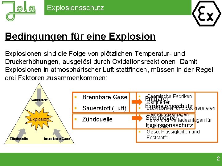 Explosionsschutz Bedingungen für eine Explosionen sind die Folge von plötzlichen Temperatur- und Druckerhöhungen, ausgelöst