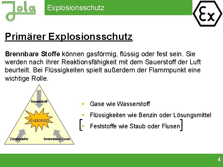 Explosionsschutz Primärer Explosionsschutz Brennbare Stoffe können gasförmig, flüssig oder fest sein. Sie werden nach