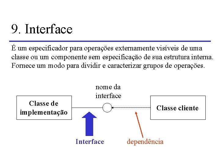 9. Interface É um especificador para operações externamente visíveis de uma classe ou um