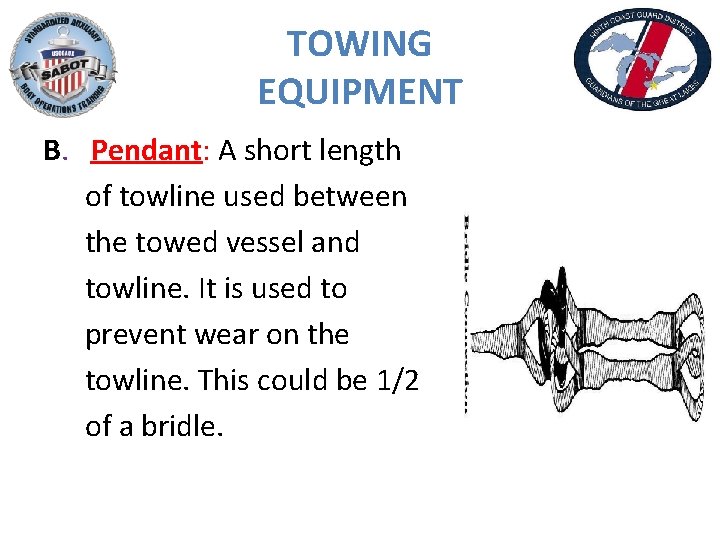 TOWING EQUIPMENT B. Pendant: A short length of towline used between the towed vessel