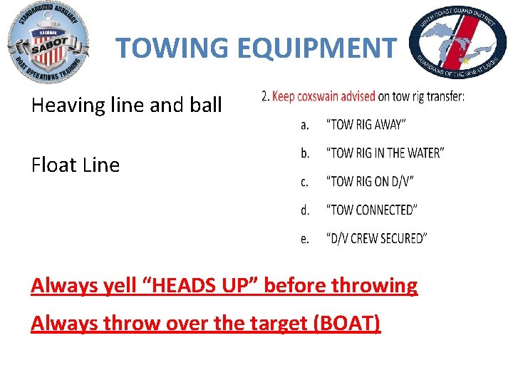 TOWING EQUIPMENT Heaving line and ball Float Line Always yell “HEADS UP” before throwing