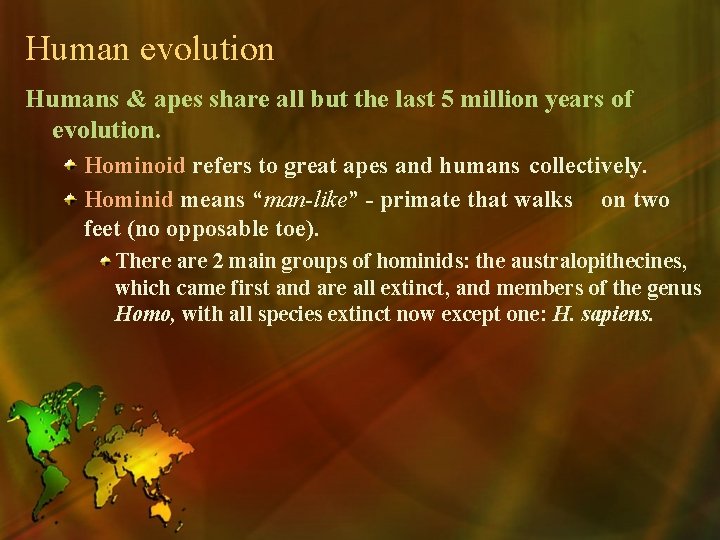 Human evolution Humans & apes share all but the last 5 million years of