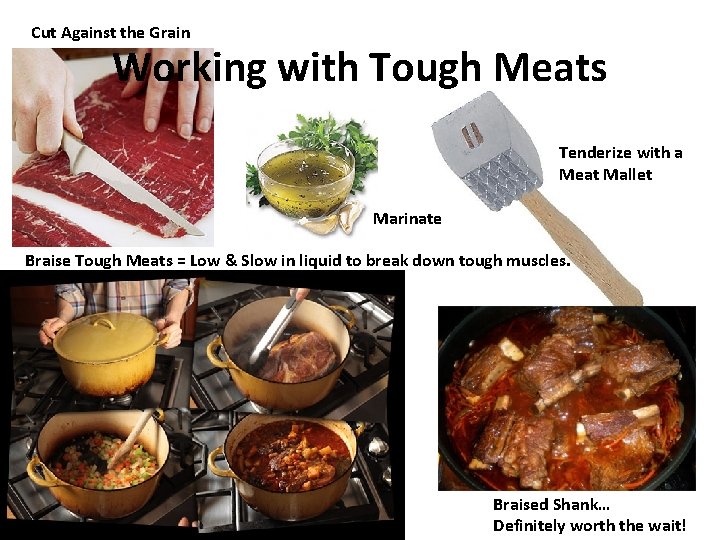 Cut Against the Grain Working with Tough Meats Tenderize with a Meat Mallet Marinate