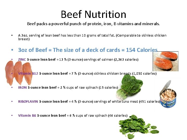 Beef Nutrition Beef packs a powerful punch of protein, iron, B vitamins and minerals.