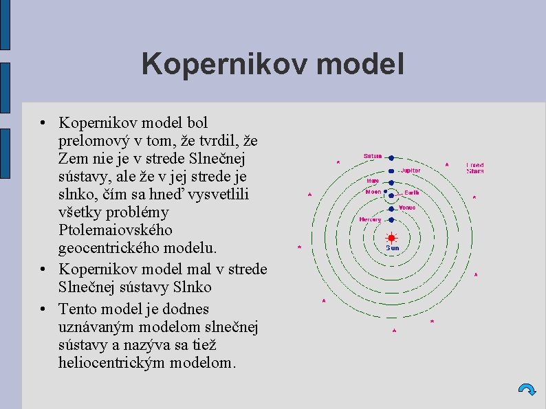 Kopernikov model • Kopernikov model bol prelomový v tom, že tvrdil, že Zem nie