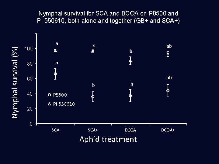 Nymphal survival for SCA and BCOA on P 8500 and PI 550610, both alone