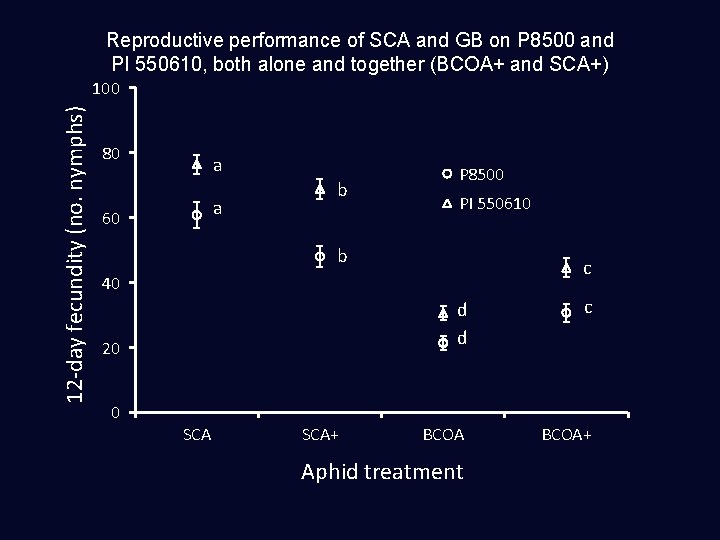 Reproductive performance of SCA and GB on P 8500 and PI 550610, both alone