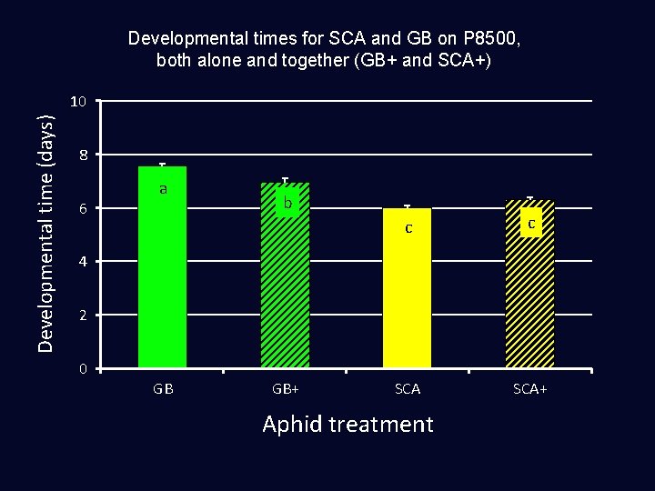 Developmental times for SCA and GB on P 8500, both alone and together (GB+