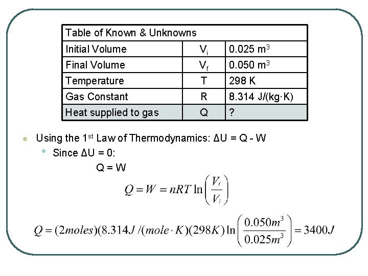 Table of Known & Unknowns l Initial Volume Vi 0. 025 m 3 Final