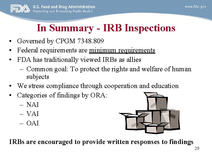 In Summary - IRB Inspections • Governed by CPGM 7348. 809 • Federal requirements