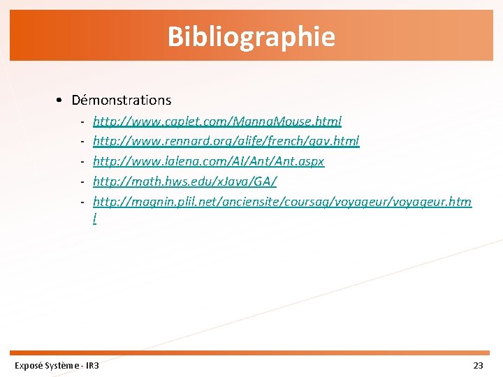 Bibliographie • Démonstrations - http: //www. caplet. com/Manna. Mouse. html http: //www. rennard. org/alife/french/gav.