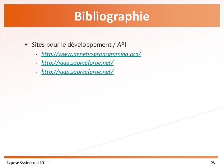 Bibliographie • Sites pour le développement / API - http: //www. genetic-programming. org/ -