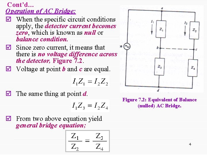 Cont’d… Operation of AC Bridge: þ When the specific circuit conditions apply, the detector