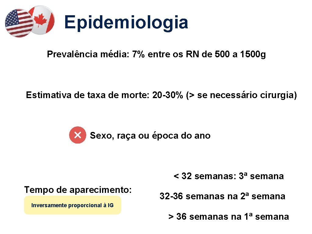 Epidemiologia Prevalência média: 7% entre os RN de 500 a 1500 g Estimativa de