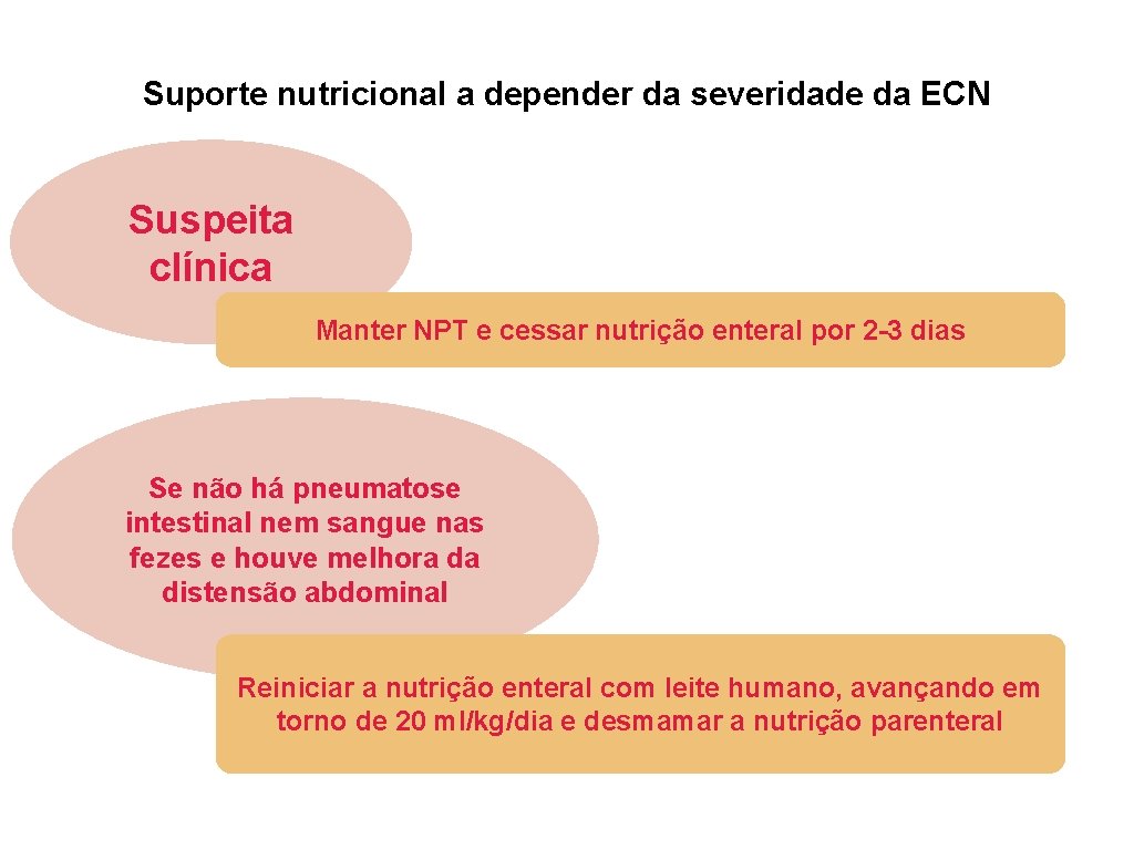 Suporte nutricional a depender da severidade da ECN Suspeita clínica Manter NPT e cessar