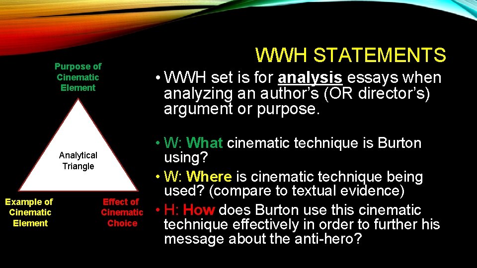 Purpose of Cinematic Element Analytical Triangle Example of Cinematic Element Effect of Cinematic Choice