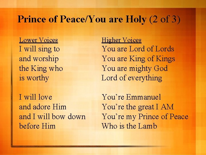 Prince of Peace/You are Holy (2 of 3) Lower Voices Higher Voices I will