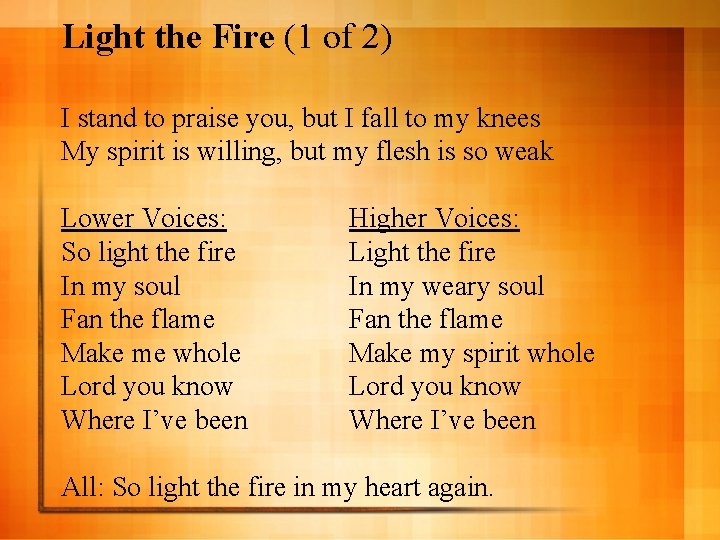 Light the Fire (1 of 2) I stand to praise you, but I fall