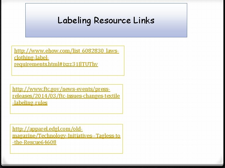 Labeling Resource Links http: //www. ehow. com/list_6082830_lawsclothing-labelrequirements. html#ixzz 31 Jl. TUThv http: //www. ftc.