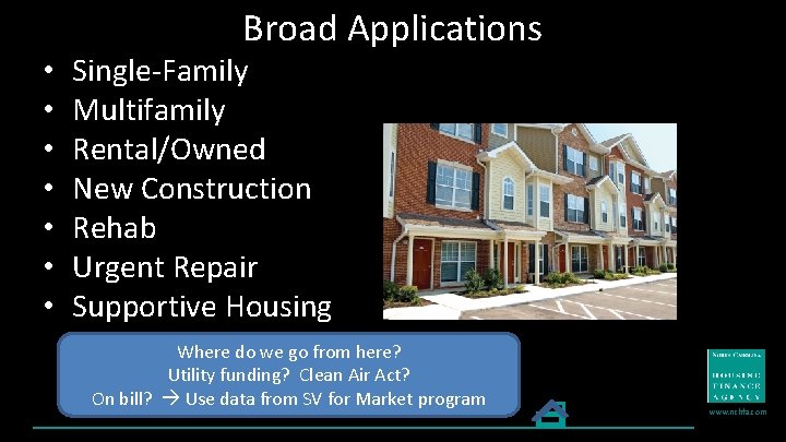  • • Broad Applications Single-Family Multifamily Rental/Owned New Construction Rehab Urgent Repair Supportive