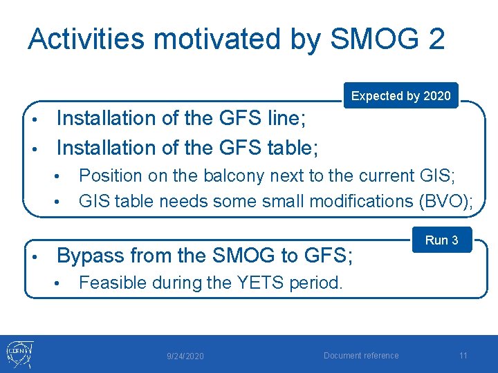 Activities motivated by SMOG 2 Expected by 2020 Installation of the GFS line; •