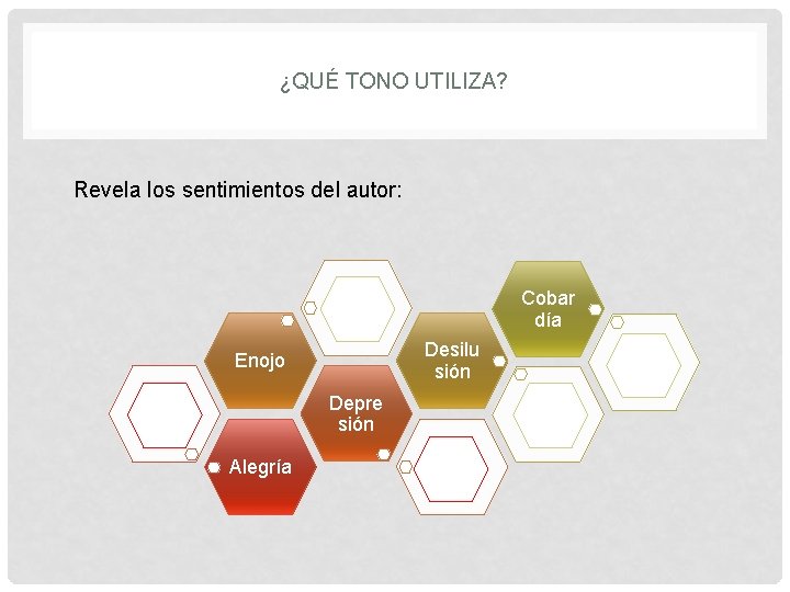 ¿QUÉ TONO UTILIZA? Revela los sentimientos del autor: Cobar día Desilu sión Enojo Depre