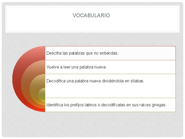 VOCABULARIO Descifra las palabras que no entiendas. Vuelve a leer una palabra nueva. Decodifica