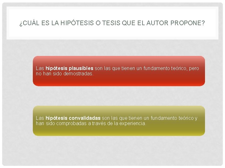 ¿CUÁL ES LA HIPÓTESIS O TESIS QUE EL AUTOR PROPONE? Las hipótesis plausibles son
