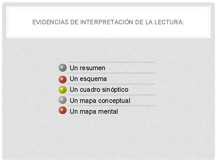 EVIDENCIAS DE INTERPRETACIÓN DE LA LECTURA: Un resumen Un esquema Un cuadro sinóptico Un