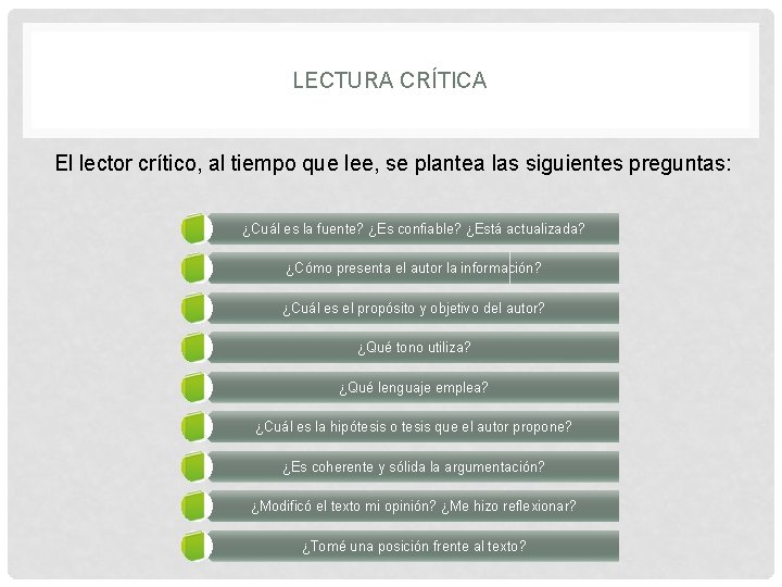 LECTURA CRÍTICA El lector crítico, al tiempo que lee, se plantea las siguientes preguntas: