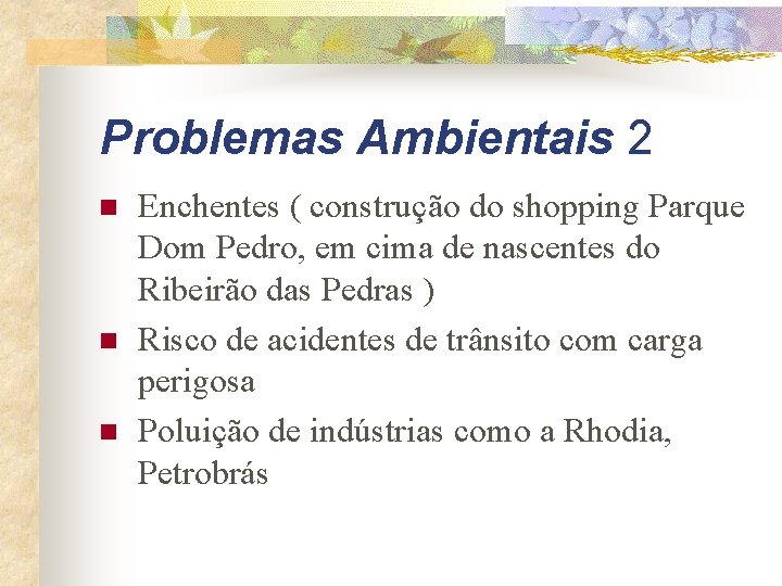 Problemas Ambientais 2 n n n Enchentes ( construção do shopping Parque Dom Pedro,