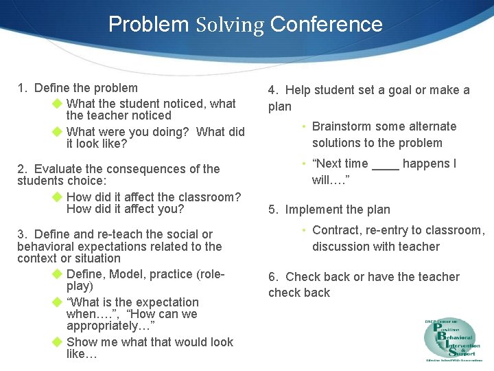 Problem Solving Conference 1. Define the problem ◆ What the student noticed, what the