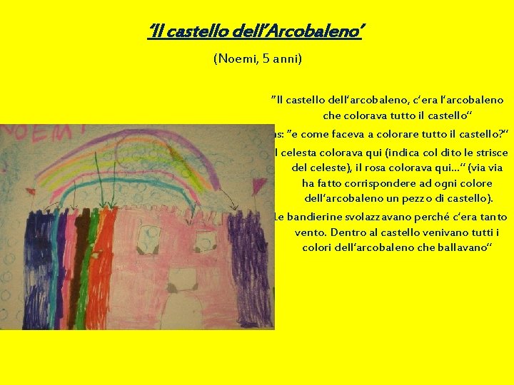 ‘Il castello dell’Arcobaleno’ (Noemi, 5 anni) “Il castello dell’arcobaleno, c’era l’arcobaleno che colorava tutto