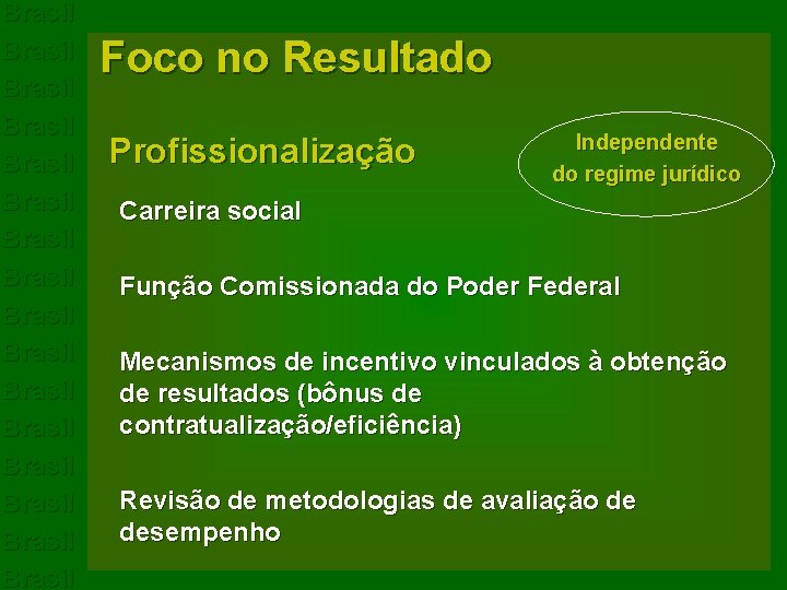 Brasil Brasil Brasil Brasil Foco no Resultado Profissionalização Independente do regime jurídico Carreira social