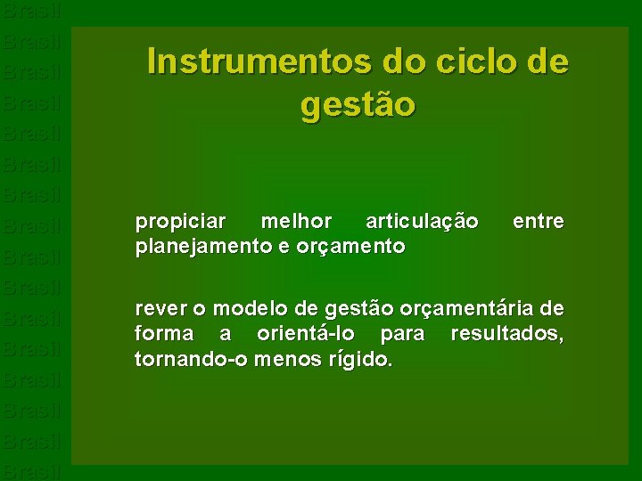 Brasil Brasil Brasil Brasil Instrumentos do ciclo de gestão propiciar melhor articulação planejamento e