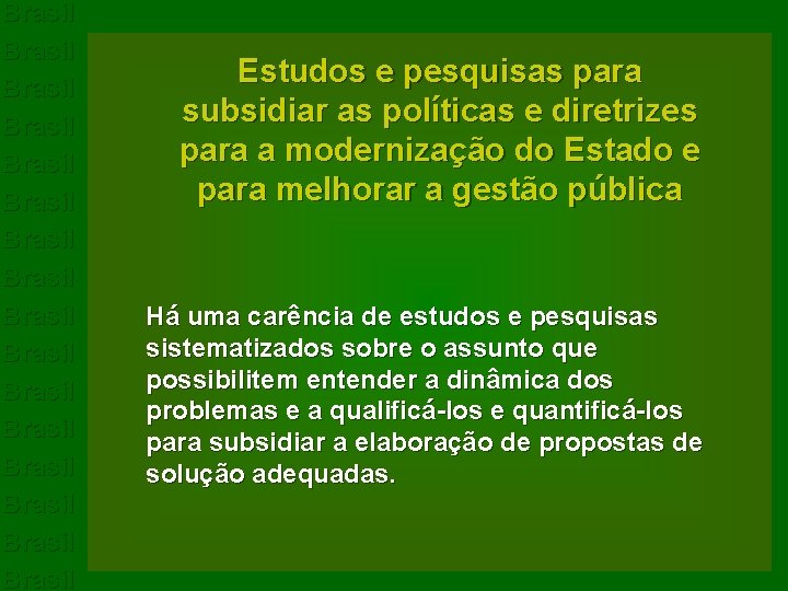 Brasil Brasil Brasil Brasil Estudos e pesquisas para subsidiar as políticas e diretrizes para