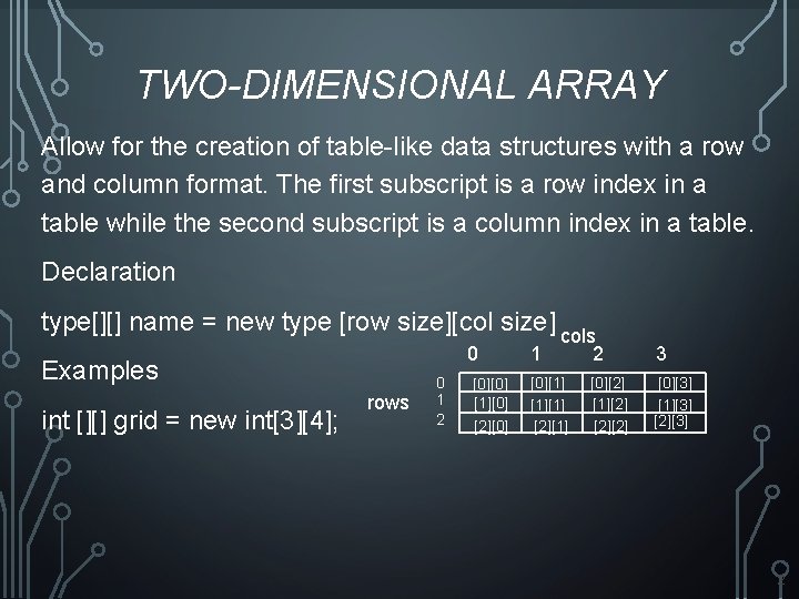 TWO-DIMENSIONAL ARRAY Allow for the creation of table-like data structures with a row and