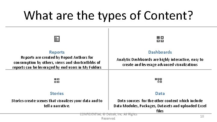 What are the types of Content? Reports Dashboards Reports are created by Report Authors